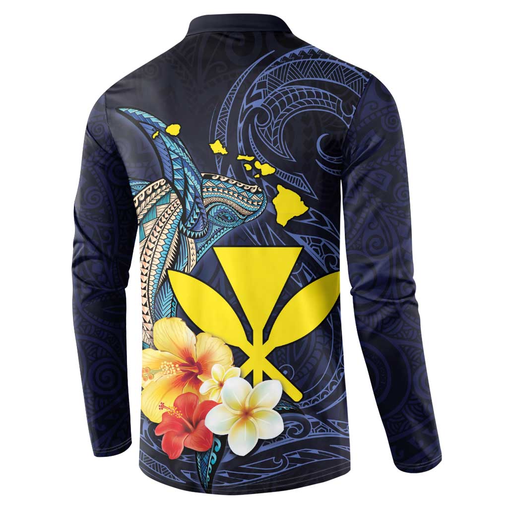 Hawaiian Whale and Kanaka Maoli Symbol Button Sweatshirt Hibiscus with Hawaii Map and Polynesian Tattoo Deep Sea Color LT03 - Polynesian Pride