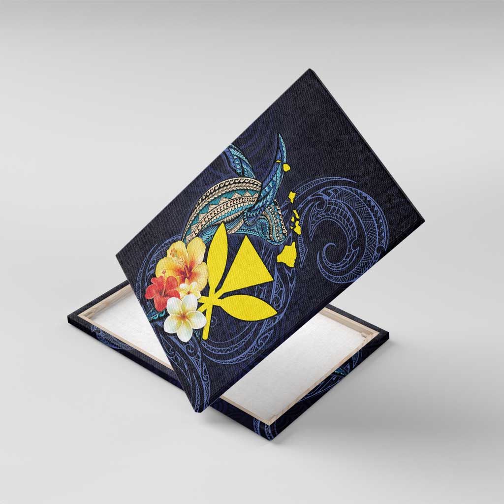Hawaiian Whale and Kanaka Maoli Symbol Canvas Wall Art Hibiscus with Hawaii Map and Polynesian Tattoo Deep Sea Color