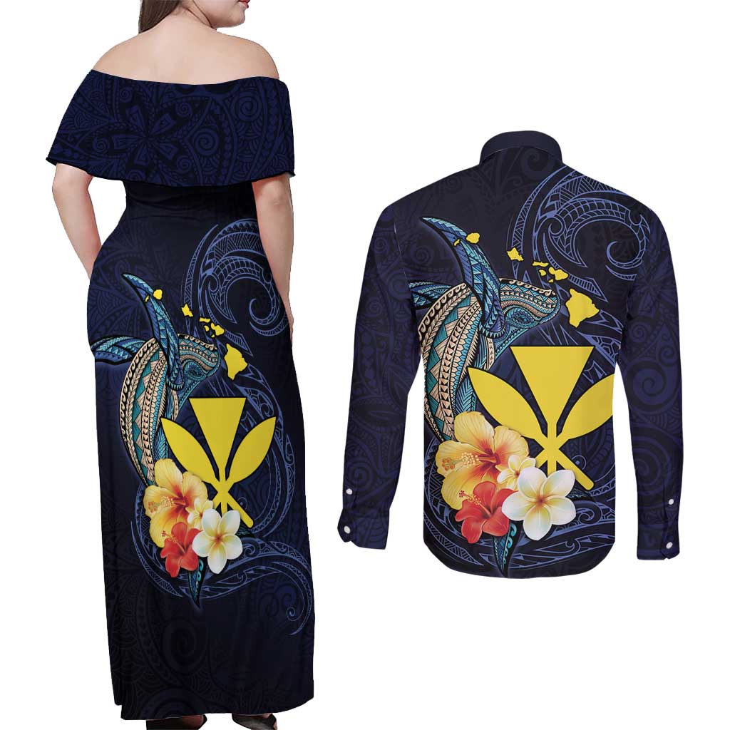 Hawaiian Whale and Kanaka Maoli Symbol Couples Matching Off Shoulder Maxi Dress and Long Sleeve Button Shirt Hibiscus with Hawaii Map and Polynesian Tattoo Deep Sea Color