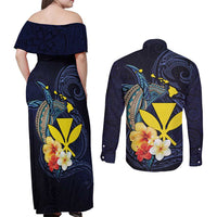 Hawaiian Whale and Kanaka Maoli Symbol Couples Matching Off Shoulder Maxi Dress and Long Sleeve Button Shirt Hibiscus with Hawaii Map and Polynesian Tattoo Deep Sea Color