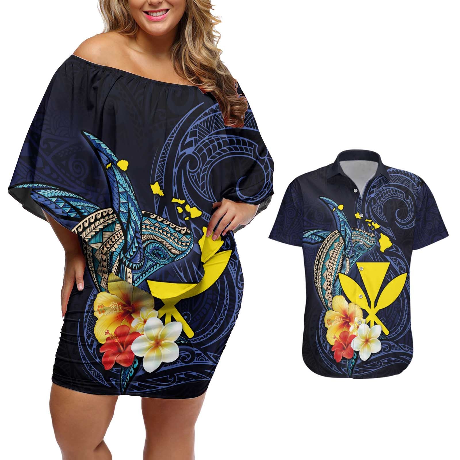 Hawaiian Whale and Kanaka Maoli Symbol Couples Matching Off Shoulder Short Dress and Hawaiian Shirt Hibiscus with Hawaii Map and Polynesian Tattoo Deep Sea Color