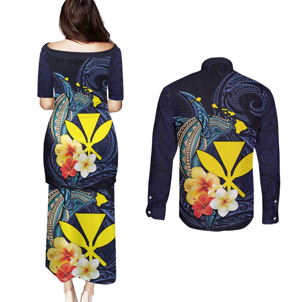 Hawaiian Whale and Kanaka Maoli Symbol Couples Matching Puletasi and Long Sleeve Button Shirt Hibiscus with Hawaii Map and Polynesian Tattoo Deep Sea Color