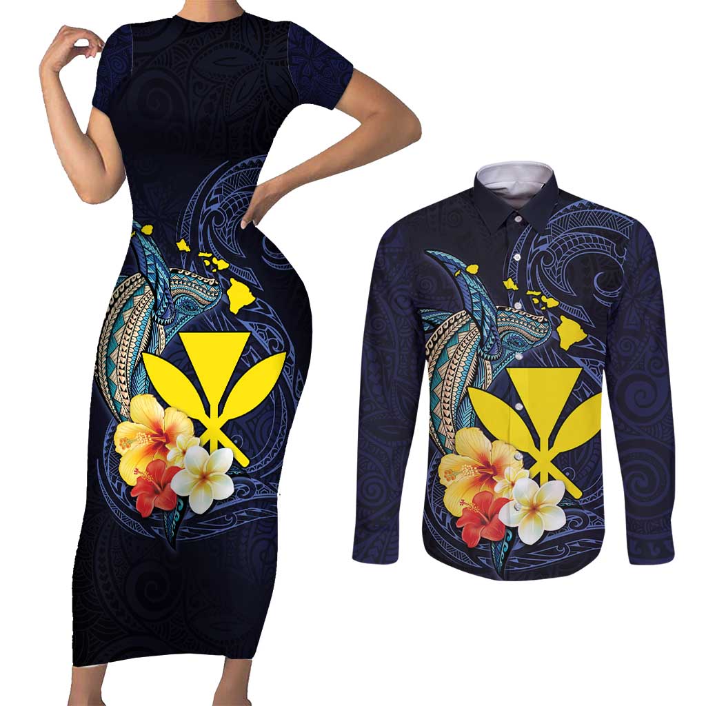 Hawaiian Whale and Kanaka Maoli Symbol Couples Matching Short Sleeve Bodycon Dress and Long Sleeve Button Shirt Hibiscus with Hawaii Map and Polynesian Tattoo Deep Sea Color
