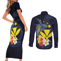 Hawaiian Whale and Kanaka Maoli Symbol Couples Matching Short Sleeve Bodycon Dress and Long Sleeve Button Shirt Hibiscus with Hawaii Map and Polynesian Tattoo Deep Sea Color