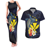 Hawaiian Whale and Kanaka Maoli Symbol Couples Matching Tank Maxi Dress and Hawaiian Shirt Hibiscus with Hawaii Map and Polynesian Tattoo Deep Sea Color