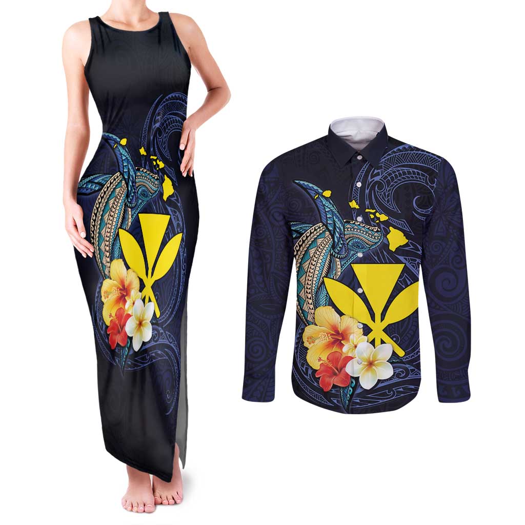 Hawaiian Whale and Kanaka Maoli Symbol Couples Matching Tank Maxi Dress and Long Sleeve Button Shirt Hibiscus with Hawaii Map and Polynesian Tattoo Deep Sea Color