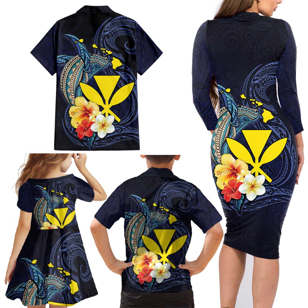 Hawaiian Whale and Kanaka Maoli Symbol Family Matching Long Sleeve Bodycon Dress and Hawaiian Shirt Hibiscus with Hawaii Map and Polynesian Tattoo Deep Sea Color LT03 - Polynesian Pride