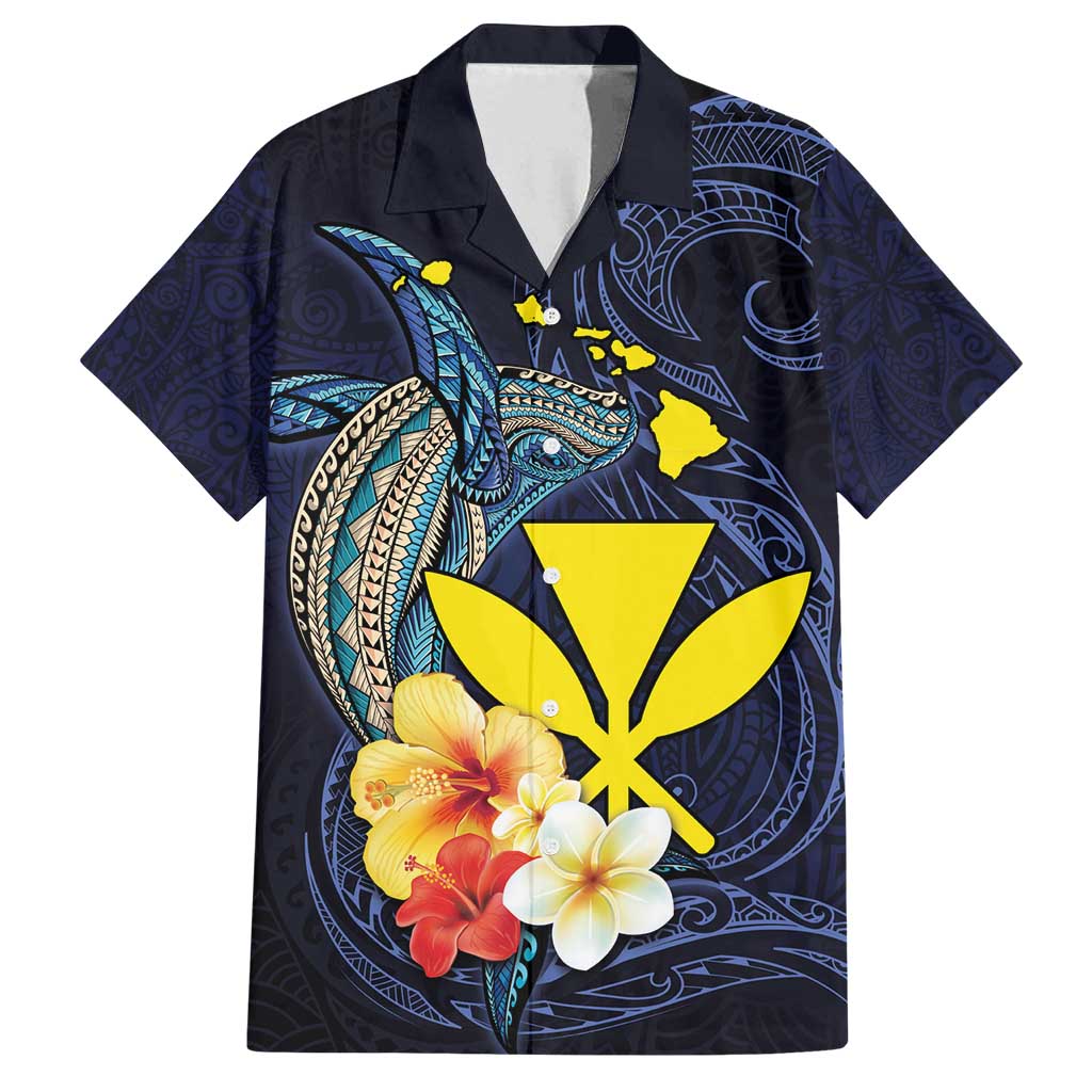 Hawaiian Whale and Kanaka Maoli Symbol Family Matching Long Sleeve Bodycon Dress and Hawaiian Shirt Hibiscus with Hawaii Map and Polynesian Tattoo Deep Sea Color LT03 Dad's Shirt - Short Sleeve Blue - Polynesian Pride