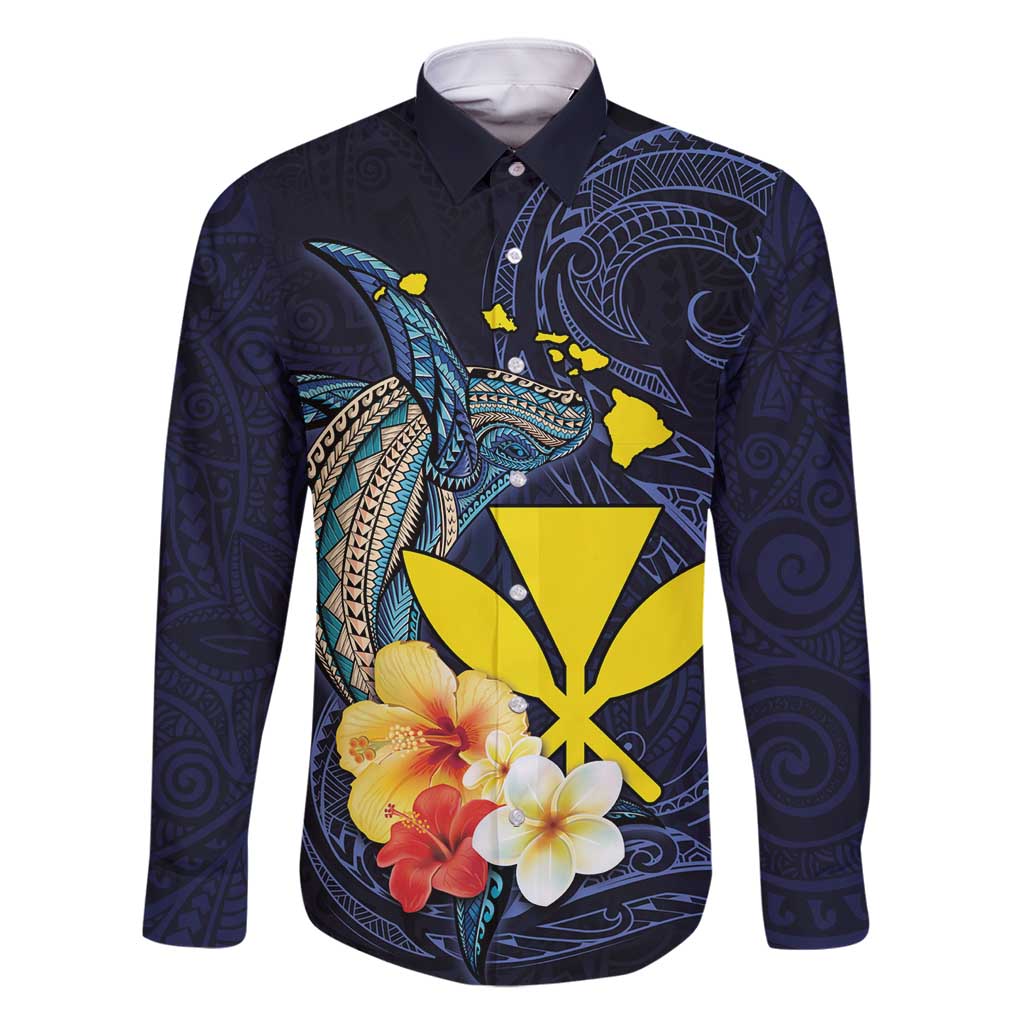 Hawaiian Whale and Kanaka Maoli Symbol Family Matching Long Sleeve Bodycon Dress and Hawaiian Shirt Hibiscus with Hawaii Map and Polynesian Tattoo Deep Sea Color LT03 Dad's Shirt - Long Sleeve Blue - Polynesian Pride