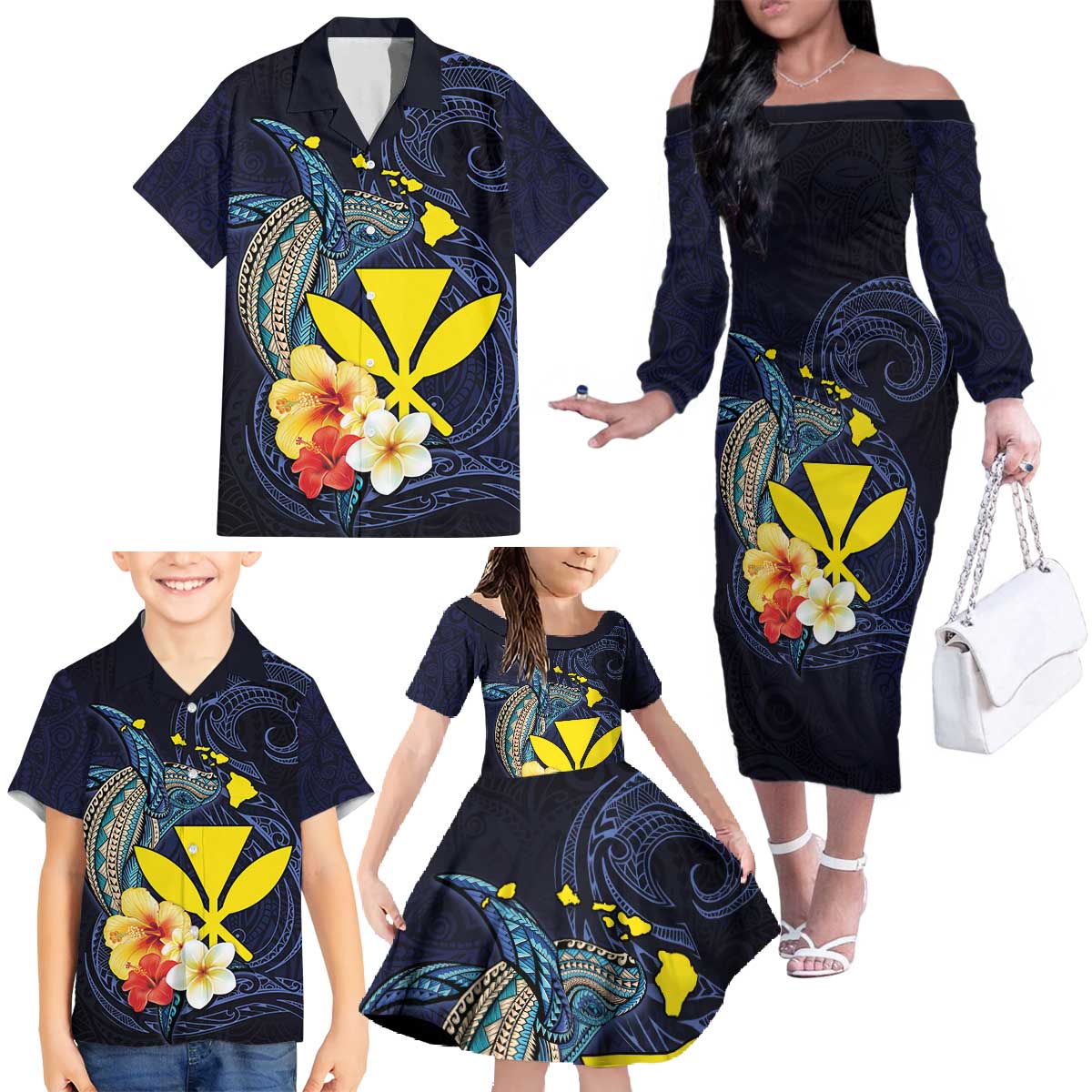 Hawaiian Whale and Kanaka Maoli Symbol Family Matching Off The Shoulder Long Sleeve Dress and Hawaiian Shirt Hibiscus with Hawaii Map and Polynesian Tattoo Deep Sea Color LT03 - Polynesian Pride