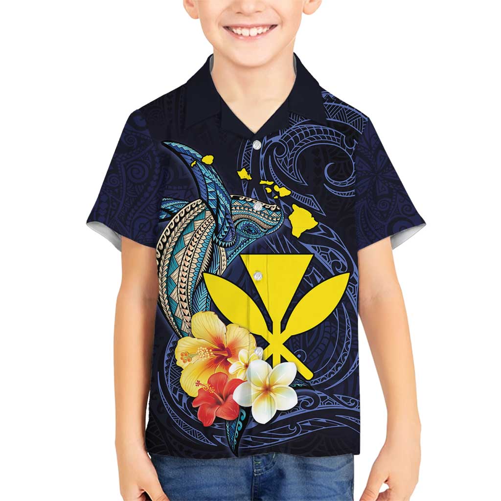 Hawaiian Whale and Kanaka Maoli Symbol Family Matching Off Shoulder Maxi Dress and Hawaiian Shirt Hibiscus with Hawaii Map and Polynesian Tattoo Deep Sea Color LT03 Son's Shirt Blue - Polynesian Pride