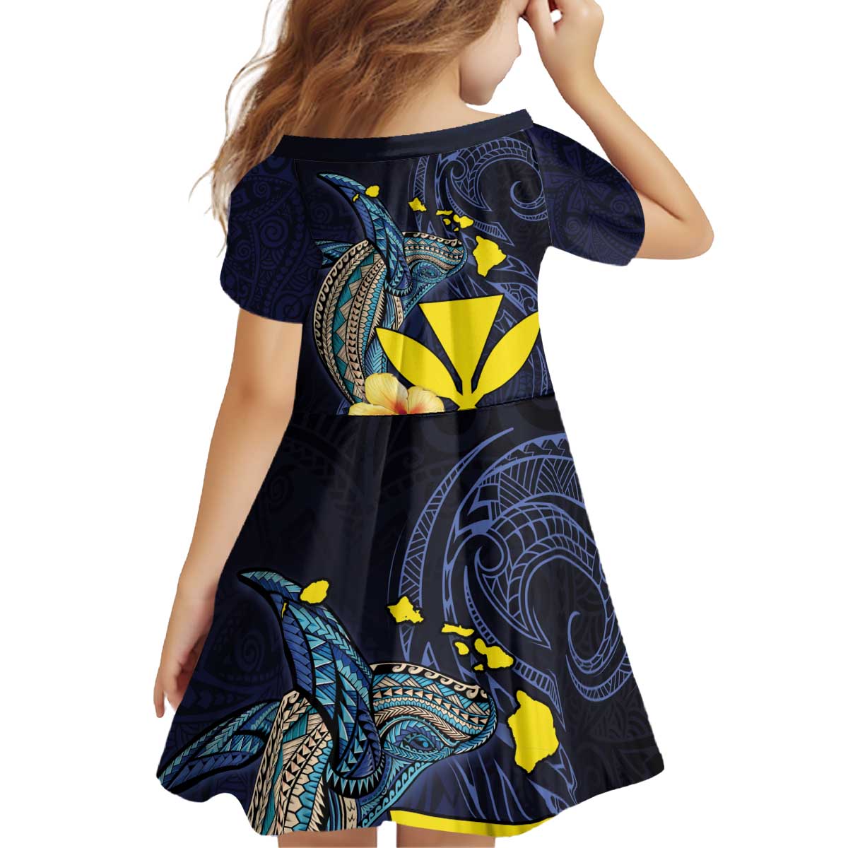Hawaiian Whale and Kanaka Maoli Symbol Family Matching Puletasi and Hawaiian Shirt Hibiscus with Hawaii Map and Polynesian Tattoo Deep Sea Color LT03 - Polynesian Pride