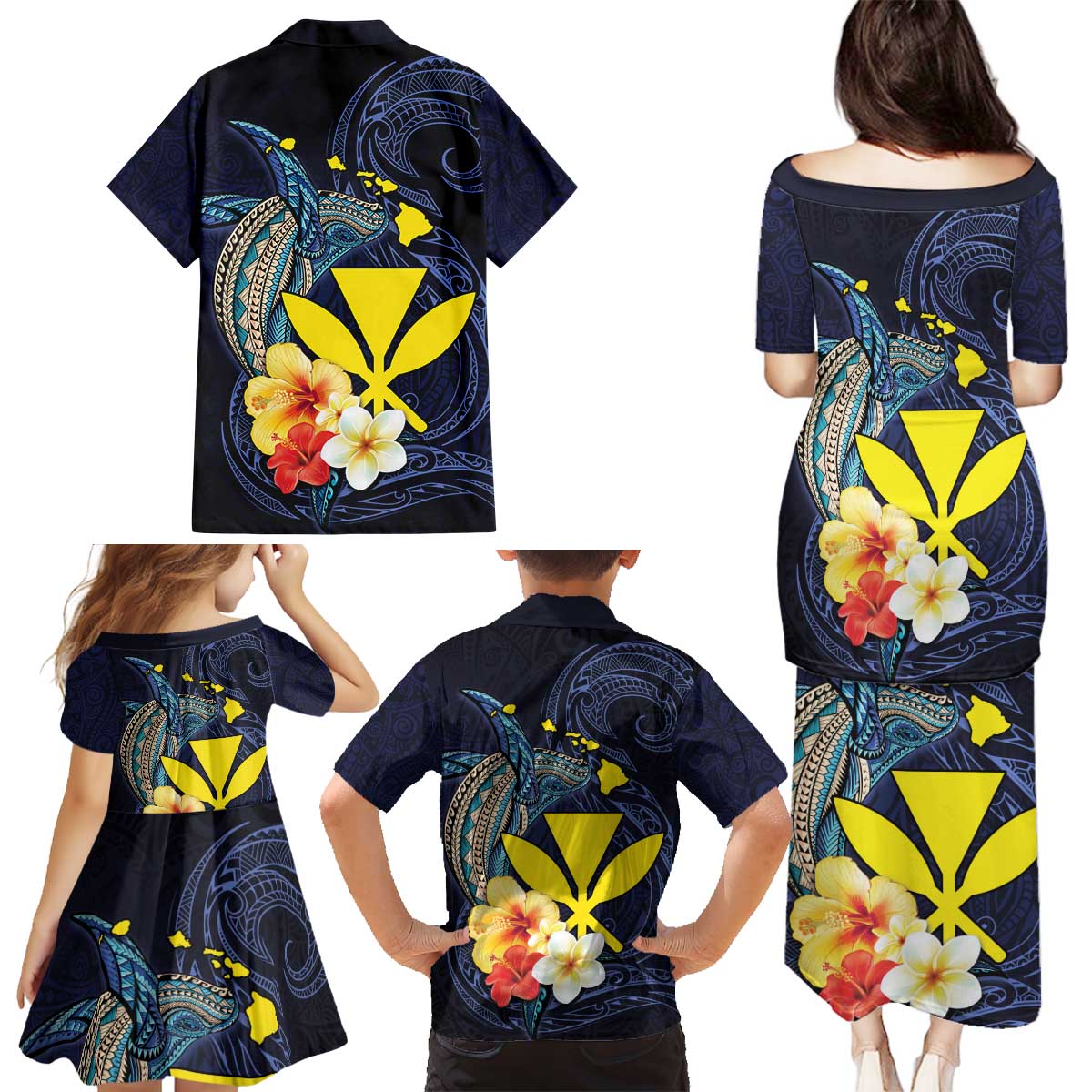 Hawaiian Whale and Kanaka Maoli Symbol Family Matching Puletasi and Hawaiian Shirt Hibiscus with Hawaii Map and Polynesian Tattoo Deep Sea Color LT03 - Polynesian Pride