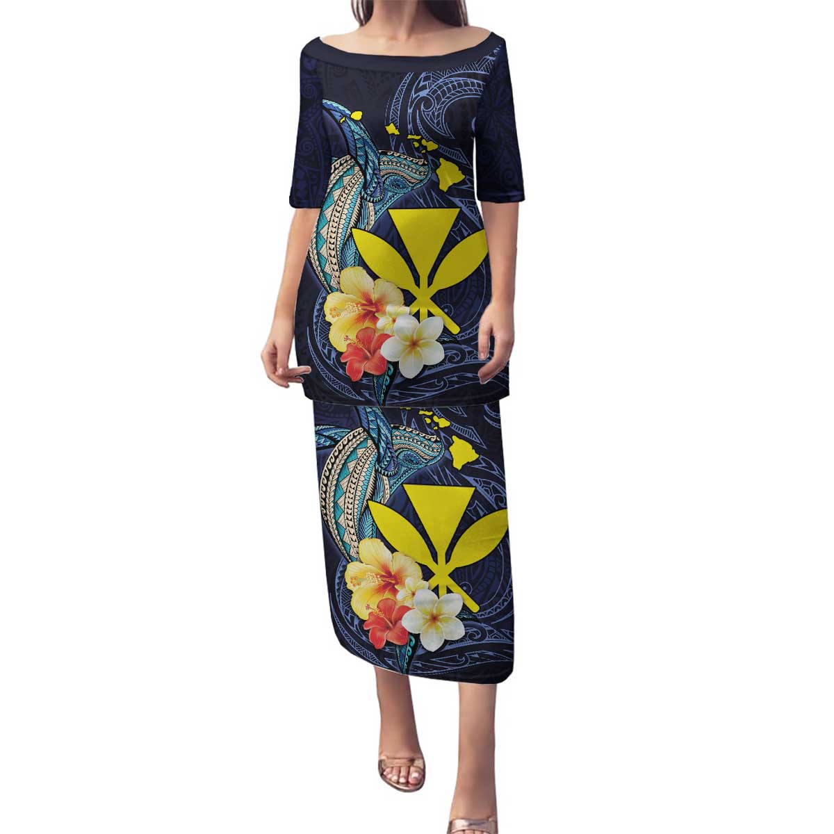 Hawaiian Whale and Kanaka Maoli Symbol Family Matching Puletasi and Hawaiian Shirt Hibiscus with Hawaii Map and Polynesian Tattoo Deep Sea Color LT03 Mom's Dress Blue - Polynesian Pride