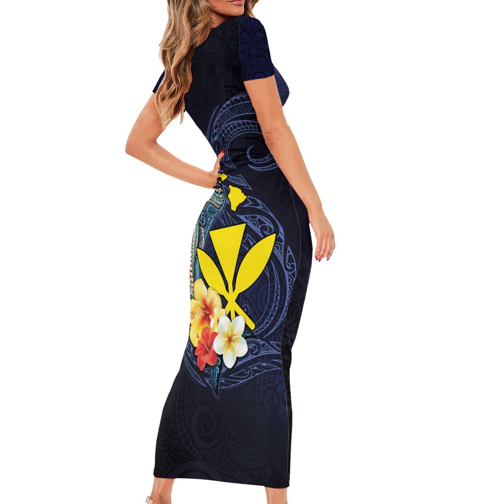 Hawaiian Whale and Kanaka Maoli Symbol Family Matching Short Sleeve Bodycon Dress and Hawaiian Shirt Hibiscus with Hawaii Map and Polynesian Tattoo Deep Sea Color LT03 - Polynesian Pride