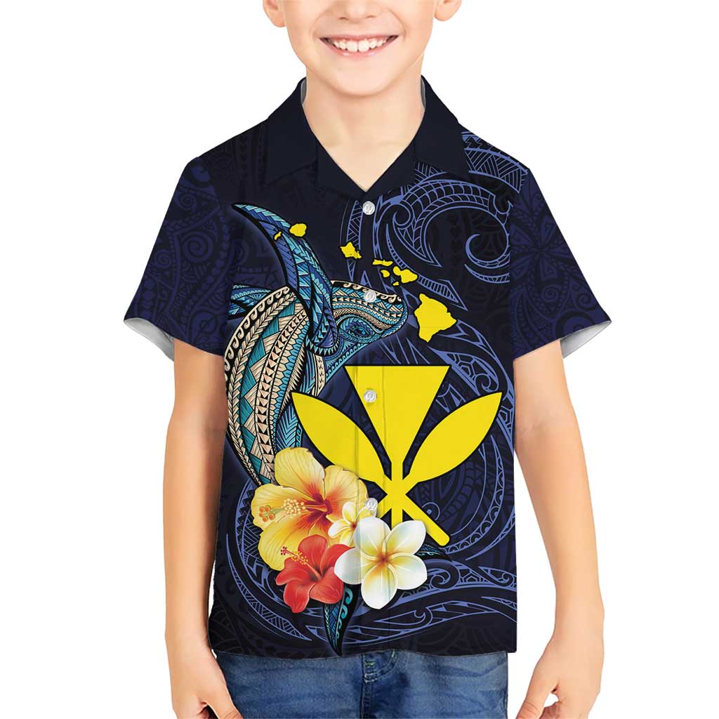 Hawaiian Whale and Kanaka Maoli Symbol Family Matching Short Sleeve Bodycon Dress and Hawaiian Shirt Hibiscus with Hawaii Map and Polynesian Tattoo Deep Sea Color LT03 Son's Shirt Blue - Polynesian Pride