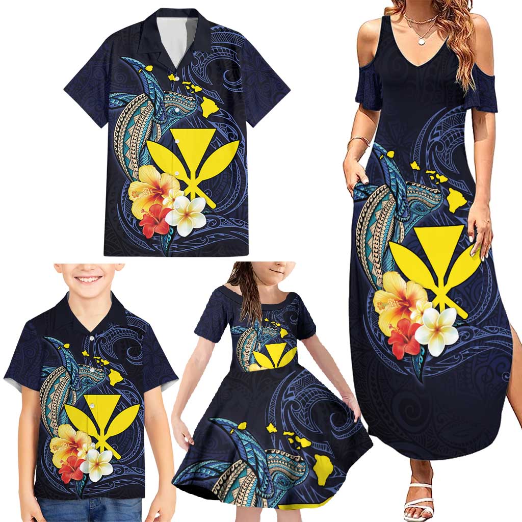 Hawaiian Whale and Kanaka Maoli Symbol Family Matching Summer Maxi Dress and Hawaiian Shirt Hibiscus with Hawaii Map and Polynesian Tattoo Deep Sea Color LT03 - Polynesian Pride