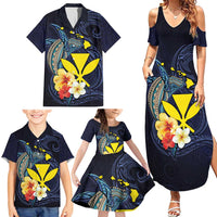 Hawaiian Whale and Kanaka Maoli Symbol Family Matching Summer Maxi Dress and Hawaiian Shirt Hibiscus with Hawaii Map and Polynesian Tattoo Deep Sea Color LT03 - Polynesian Pride
