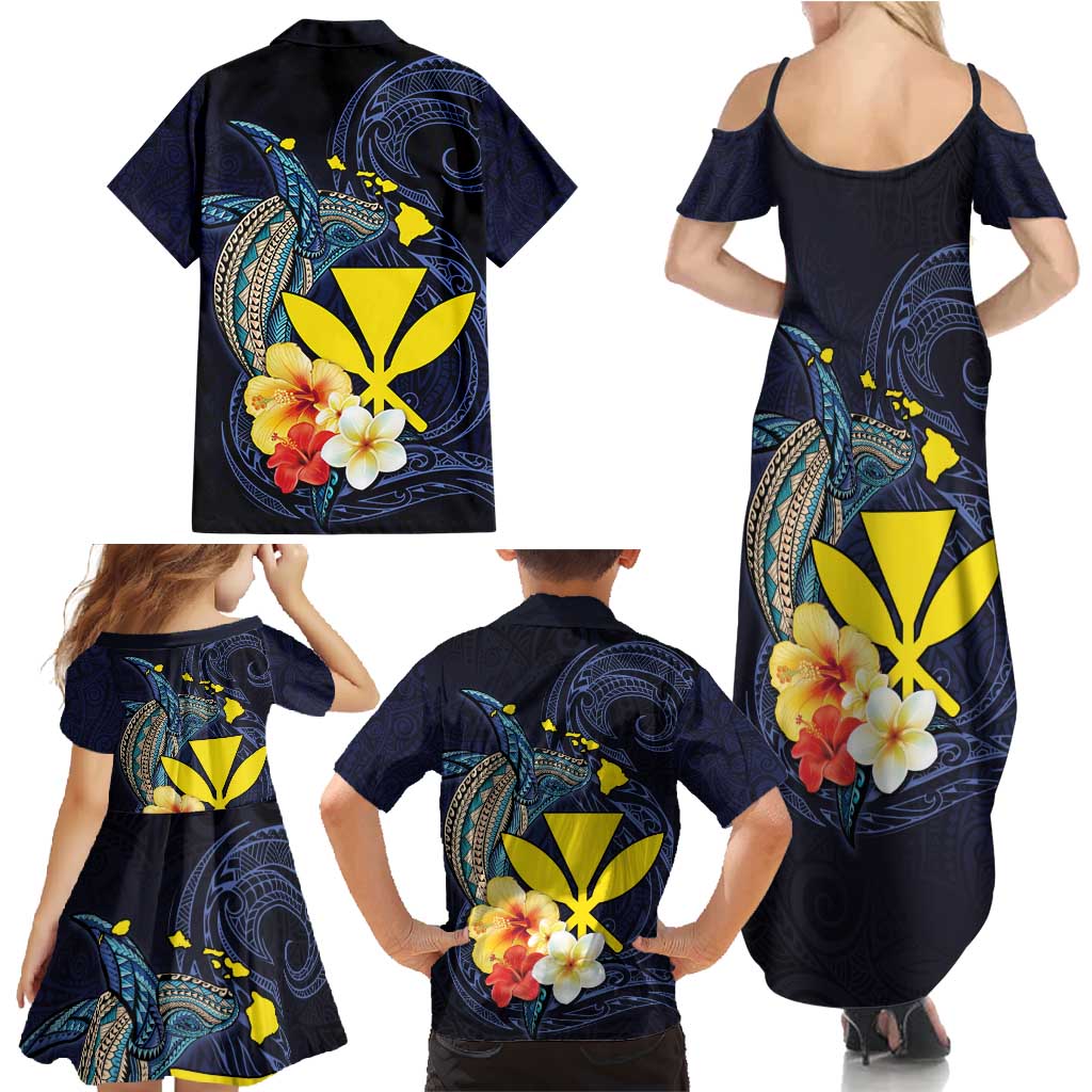 Hawaiian Whale and Kanaka Maoli Symbol Family Matching Summer Maxi Dress and Hawaiian Shirt Hibiscus with Hawaii Map and Polynesian Tattoo Deep Sea Color LT03 - Polynesian Pride