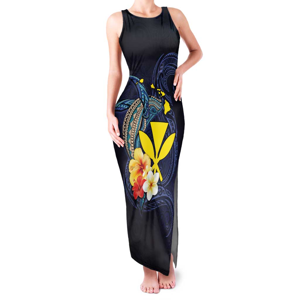 Hawaiian Whale and Kanaka Maoli Symbol Family Matching Tank Maxi Dress and Hawaiian Shirt Hibiscus with Hawaii Map and Polynesian Tattoo Deep Sea Color LT03 Mom's Dress Blue - Polynesian Pride