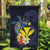 Hawaiian Whale and Kanaka Maoli Symbol Garden Flag Hibiscus with Hawaii Map and Polynesian Tattoo Deep Sea Color