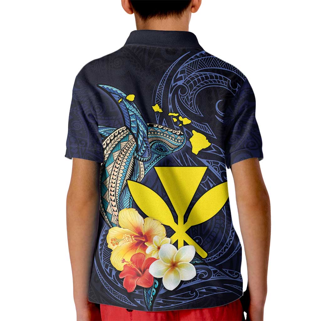 Hawaiian Whale and Kanaka Maoli Symbol Kid Polo Shirt Hibiscus with Hawaii Map and Polynesian Tattoo Deep Sea Color