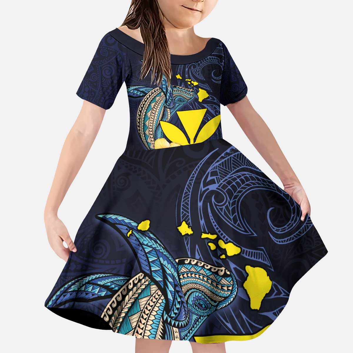 Hawaiian Whale and Kanaka Maoli Symbol Kid Short Sleeve Dress Hibiscus with Hawaii Map and Polynesian Tattoo Deep Sea Color