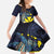 Hawaiian Whale and Kanaka Maoli Symbol Kid Short Sleeve Dress Hibiscus with Hawaii Map and Polynesian Tattoo Deep Sea Color