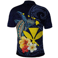Hawaiian Whale and Kanaka Maoli Symbol Polo Shirt Hibiscus with Hawaii Map and Polynesian Tattoo Deep Sea Color