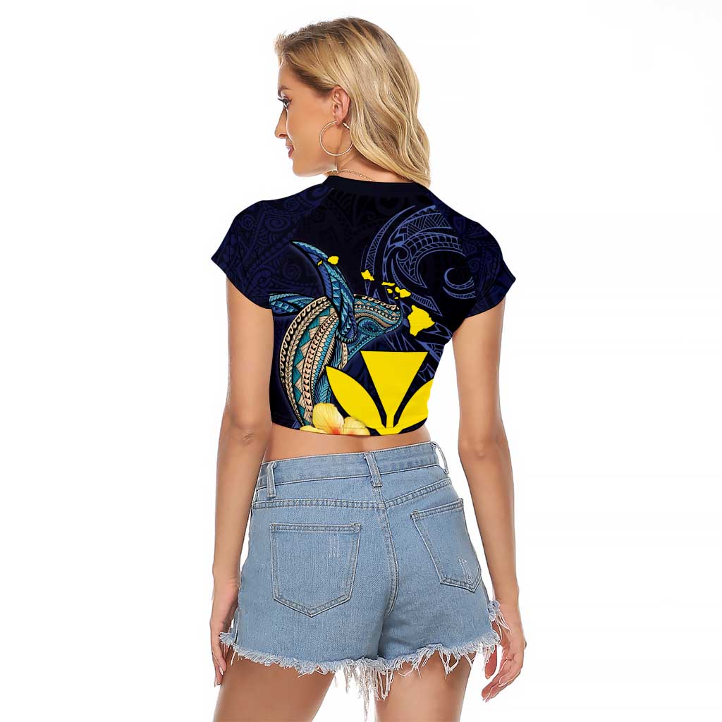 Hawaiian Whale and Kanaka Maoli Symbol Raglan Cropped T Shirt Hibiscus with Hawaii Map and Polynesian Tattoo Deep Sea Color