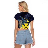 Hawaiian Whale and Kanaka Maoli Symbol Raglan Cropped T Shirt Hibiscus with Hawaii Map and Polynesian Tattoo Deep Sea Color