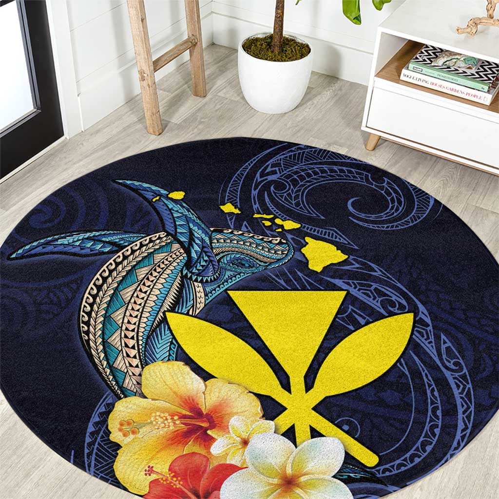 Hawaiian Whale and Kanaka Maoli Symbol Round Carpet Hibiscus with Hawaii Map and Polynesian Tattoo Deep Sea Color LT03 Blue - Polynesian Pride