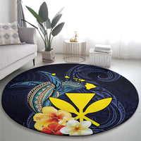 Hawaiian Whale and Kanaka Maoli Symbol Round Carpet Hibiscus with Hawaii Map and Polynesian Tattoo Deep Sea Color LT03 - Polynesian Pride