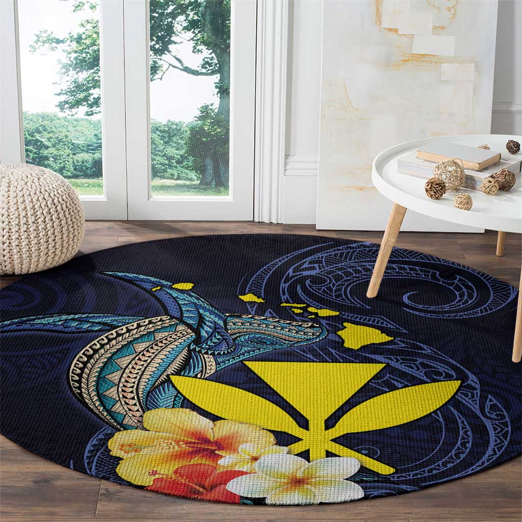 Hawaiian Whale and Kanaka Maoli Symbol Round Carpet Hibiscus with Hawaii Map and Polynesian Tattoo Deep Sea Color LT03 - Polynesian Pride