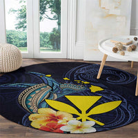 Hawaiian Whale and Kanaka Maoli Symbol Round Carpet Hibiscus with Hawaii Map and Polynesian Tattoo Deep Sea Color LT03 - Polynesian Pride