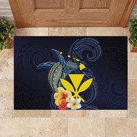 Hawaiian Whale and Kanaka Maoli Symbol Rubber Doormat Hibiscus with Hawaii Map and Polynesian Tattoo Deep Sea Color LT03 Blue - Polynesian Pride