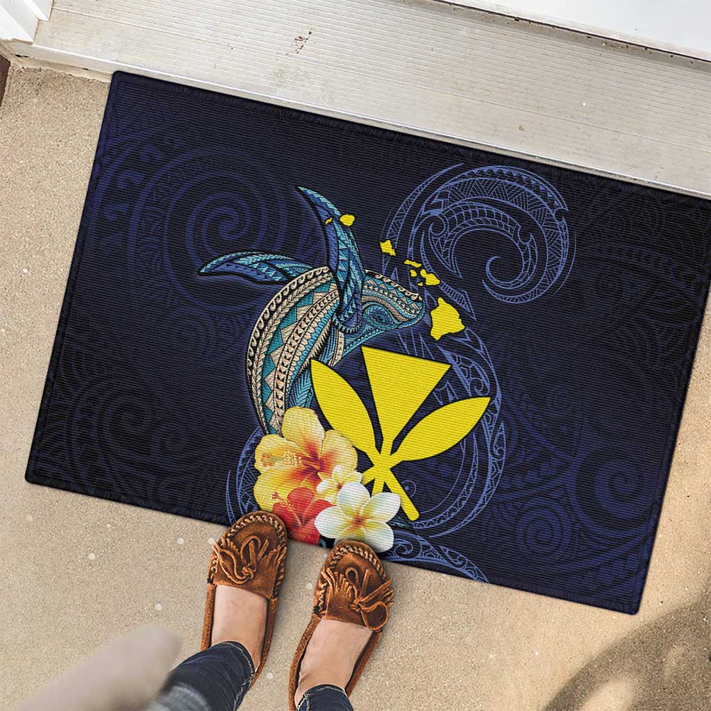 Hawaiian Whale and Kanaka Maoli Symbol Rubber Doormat Hibiscus with Hawaii Map and Polynesian Tattoo Deep Sea Color LT03 - Polynesian Pride