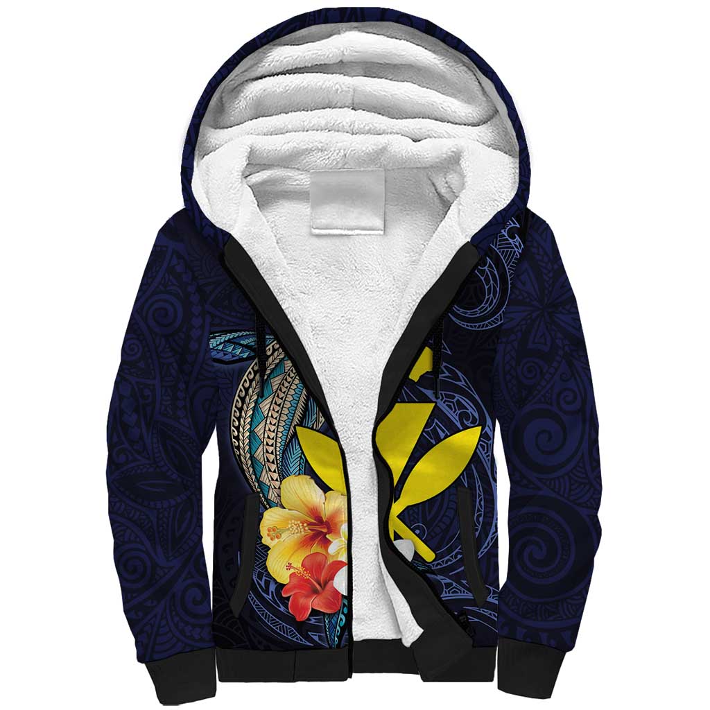 Hawaiian Whale and Kanaka Maoli Symbol Sherpa Hoodie Hibiscus with Hawaii Map and Polynesian Tattoo Deep Sea Color