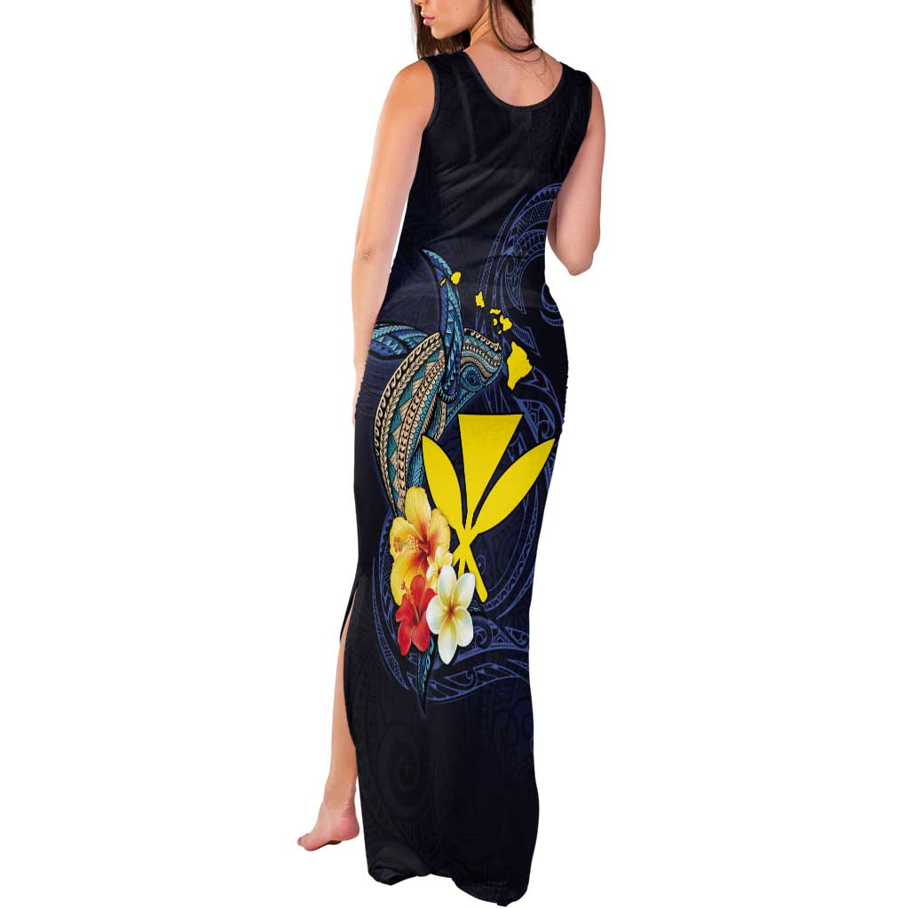 Hawaiian Whale and Kanaka Maoli Symbol Tank Maxi Dress Hibiscus with Hawaii Map and Polynesian Tattoo Deep Sea Color
