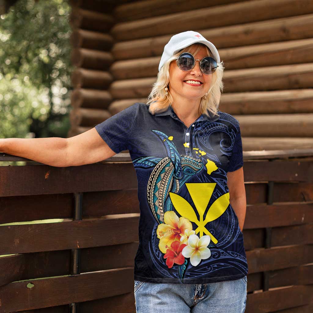 Hawaiian Whale and Kanaka Maoli Symbol Women Polo Shirt Hibiscus with Hawaii Map and Polynesian Tattoo Deep Sea Color