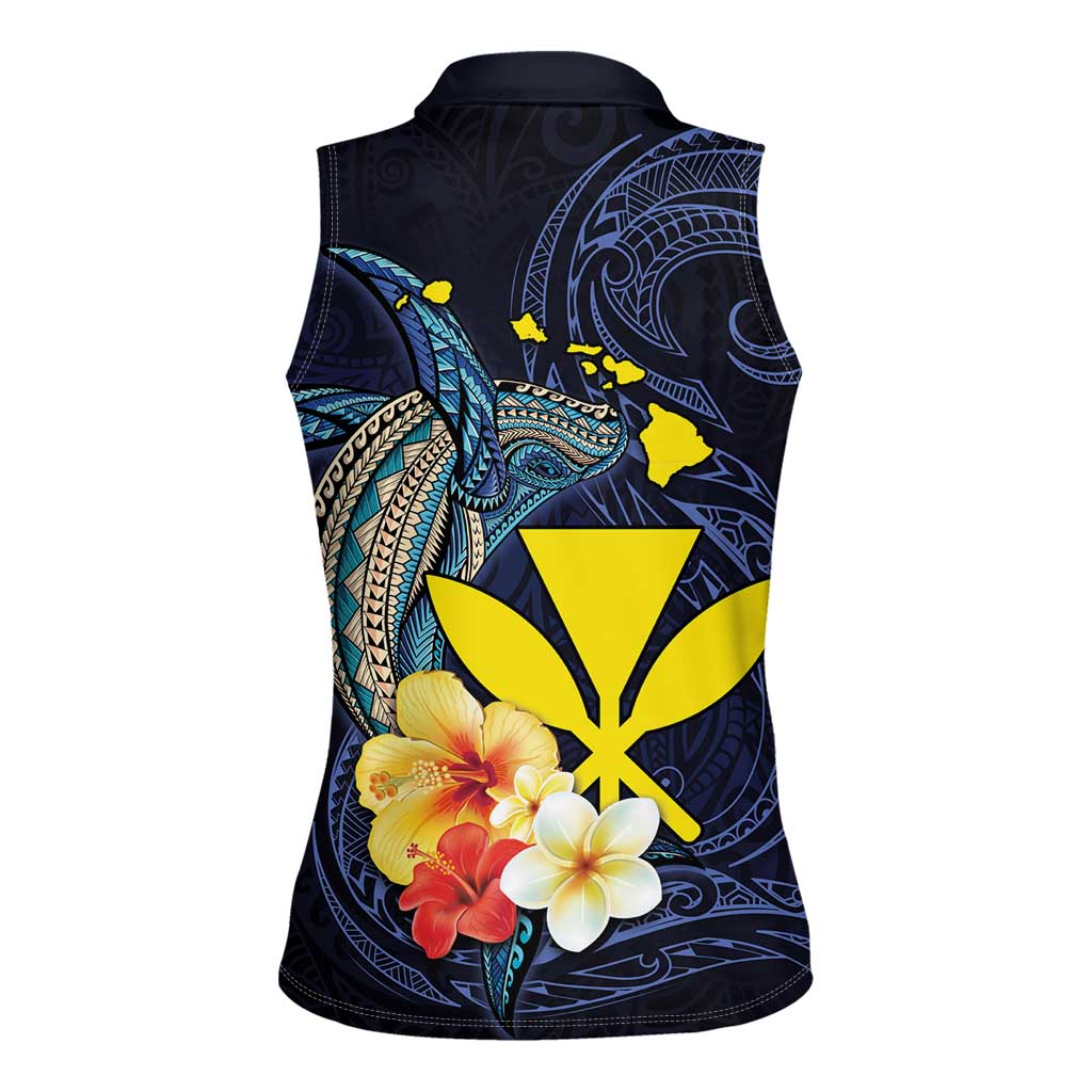 Hawaiian Whale and Kanaka Maoli Symbol Women Sleeveless Polo Shirt Hibiscus with Hawaii Map and Polynesian Tattoo Deep Sea Color LT03 - Polynesian Pride