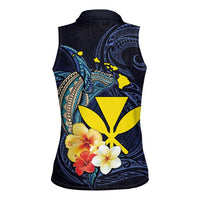 Hawaiian Whale and Kanaka Maoli Symbol Women Sleeveless Polo Shirt Hibiscus with Hawaii Map and Polynesian Tattoo Deep Sea Color LT03 - Polynesian Pride