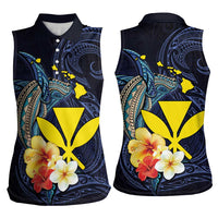 Hawaiian Whale and Kanaka Maoli Symbol Women Sleeveless Polo Shirt Hibiscus with Hawaii Map and Polynesian Tattoo Deep Sea Color LT03 - Polynesian Pride