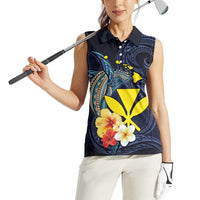 Hawaiian Whale and Kanaka Maoli Symbol Women Sleeveless Polo Shirt Hibiscus with Hawaii Map and Polynesian Tattoo Deep Sea Color LT03 - Polynesian Pride