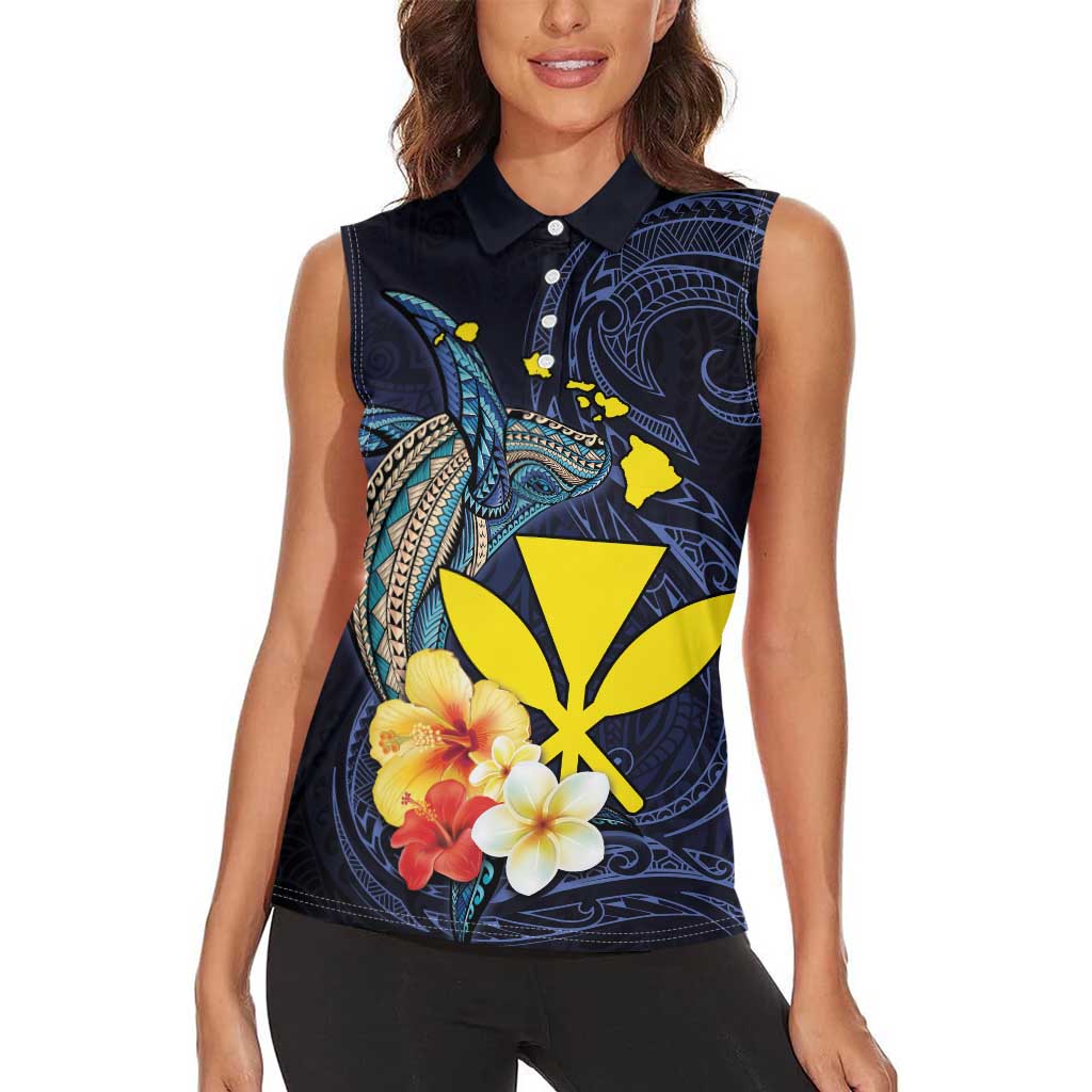 Hawaiian Whale and Kanaka Maoli Symbol Women Sleeveless Polo Shirt Hibiscus with Hawaii Map and Polynesian Tattoo Deep Sea Color LT03 - Polynesian Pride
