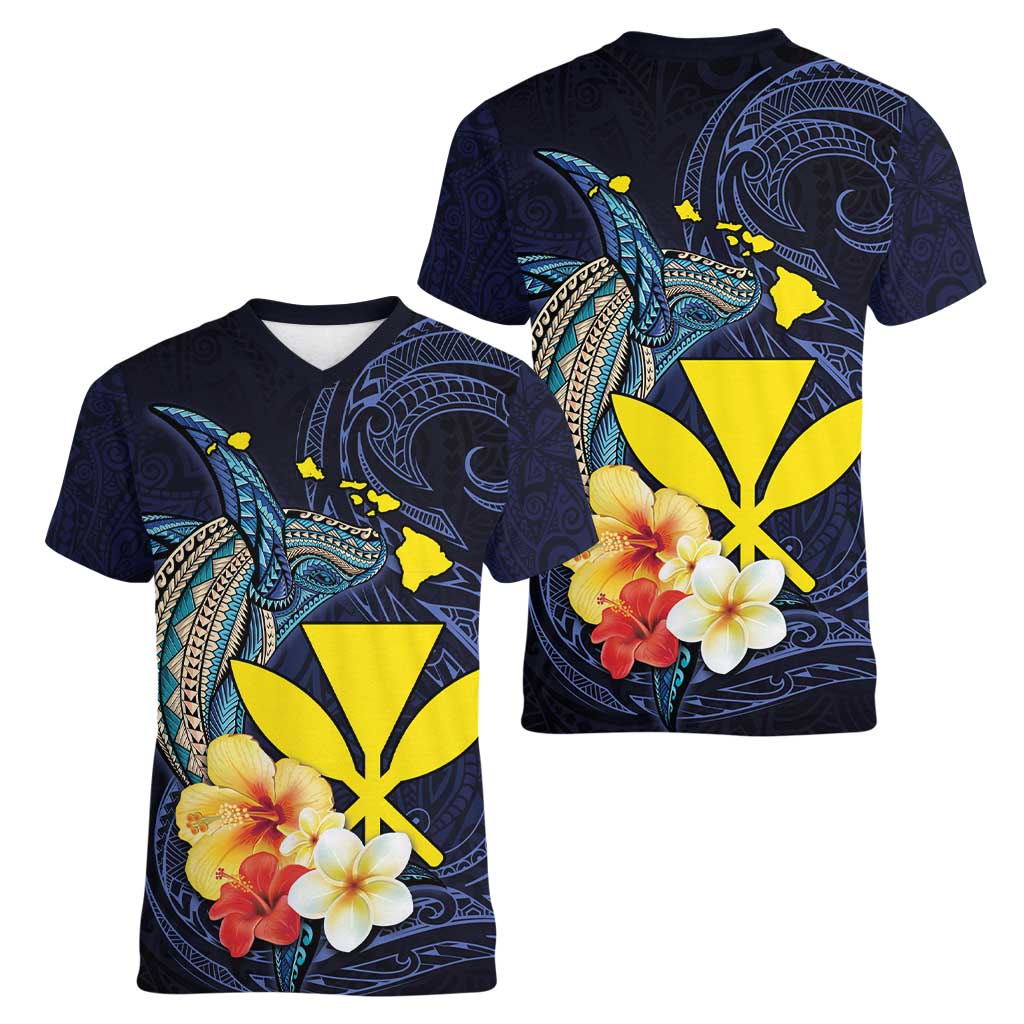 Hawaiian Whale and Kanaka Maoli Symbol Women V-Neck T-Shirt Hibiscus with Hawaii Map and Polynesian Tattoo Deep Sea Color LT03 - Polynesian Pride