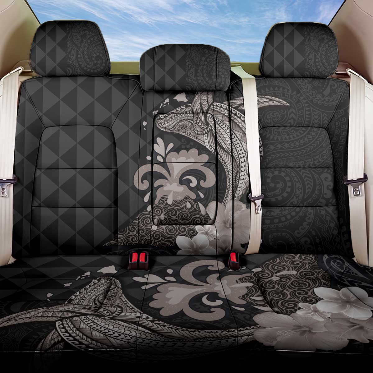 Hawaiian Whale and Volcanic Eruption Back Car Seat Cover Hibiscus and Kakau Pattern Grayscale Color