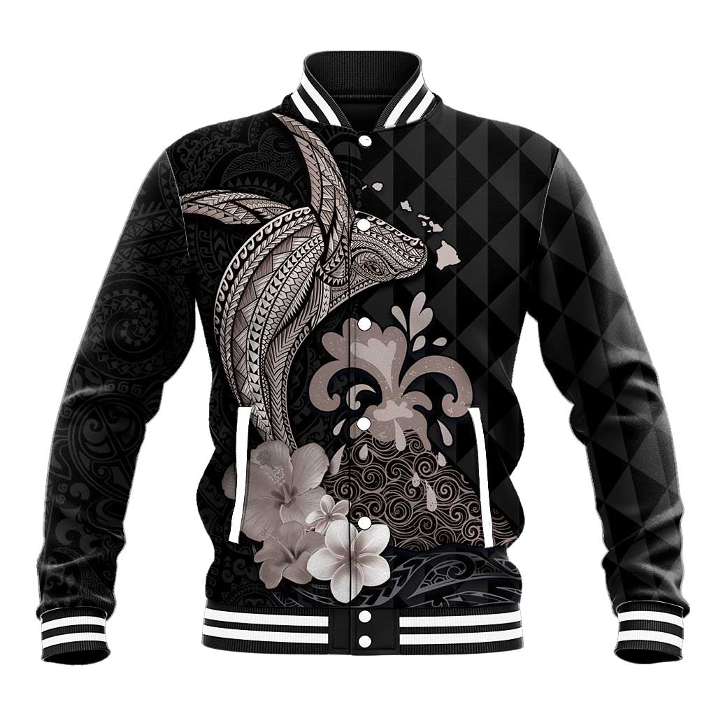 Hawaiian Whale and Volcanic Eruption Baseball Jacket Hibiscus and Kakau Pattern Grayscale Color