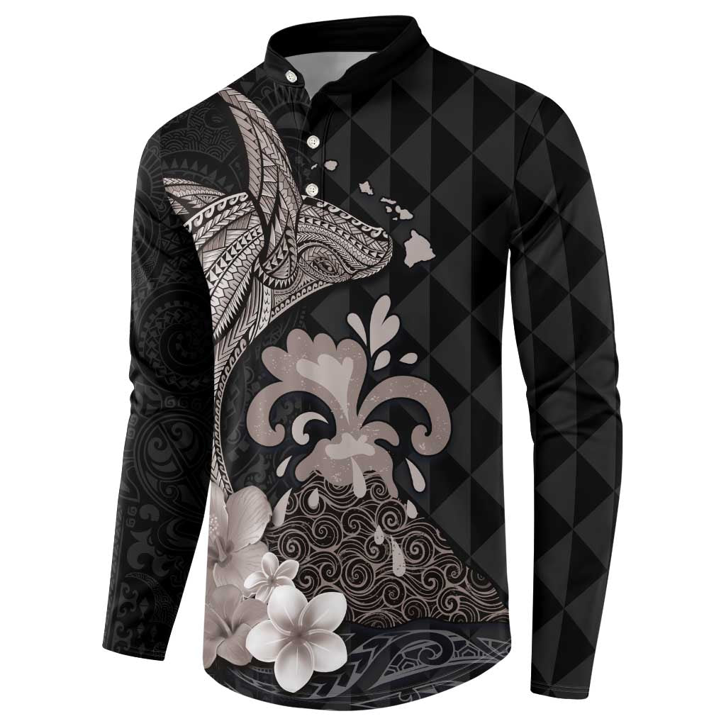 Hawaiian Whale and Volcanic Eruption Button Sweatshirt Hibiscus and Kakau Pattern Grayscale Color