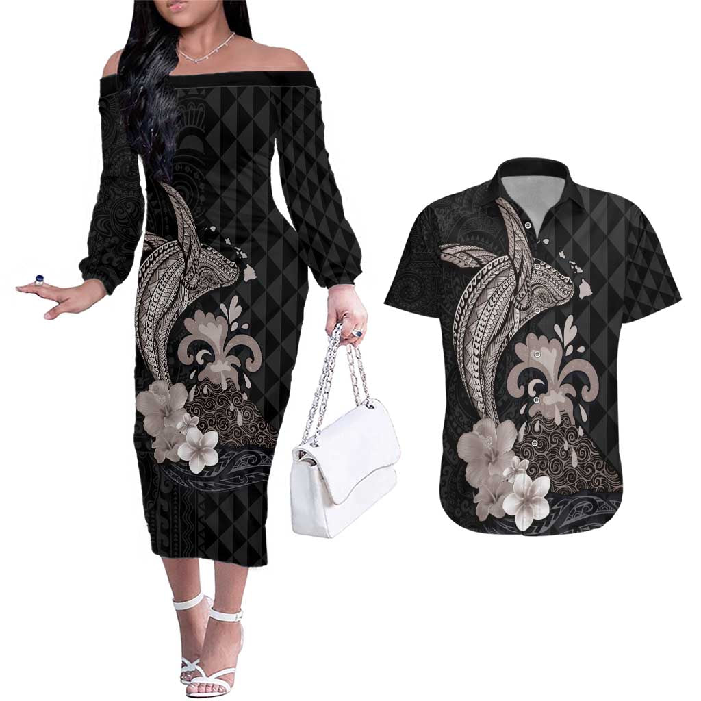 Hawaiian Whale and Volcanic Eruption Couples Matching Off The Shoulder Long Sleeve Dress and Hawaiian Shirt Hibiscus and Kakau Pattern Grayscale Color